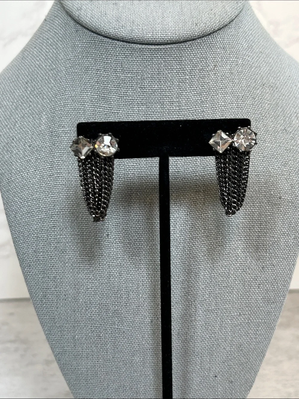 Sexy Crystal Stud & Black Chain Fringe Earrings